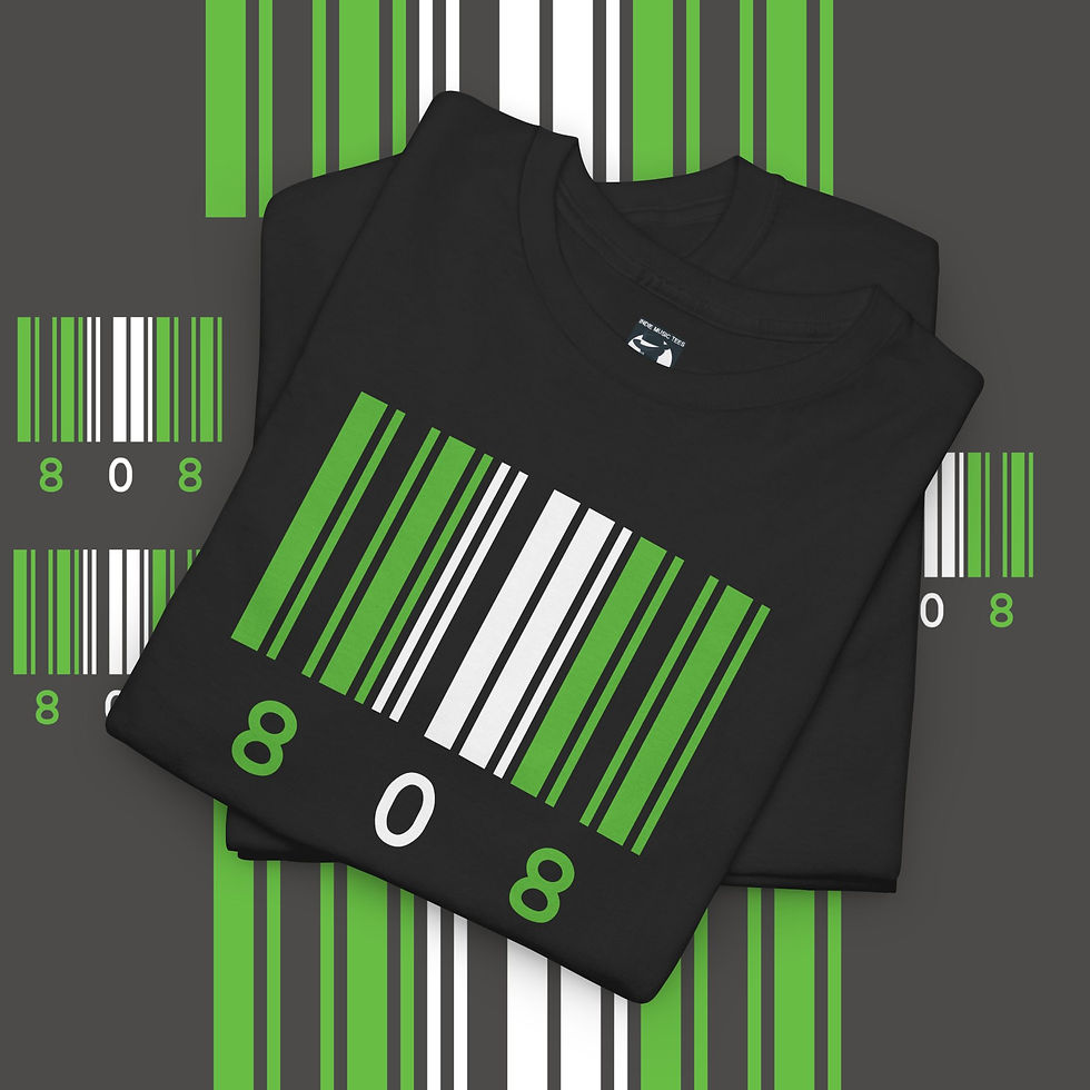 Thumbnail: Stacked black unisex t-shirts with green barcode and 808 design. indiemusictees