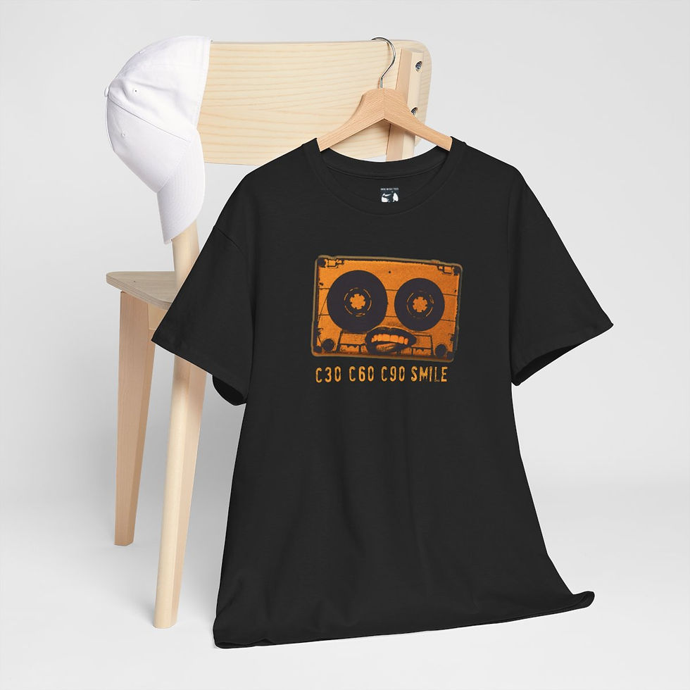 Thumbnail: Black shirt with cassette tape design and text, Smiley Cassette Tape Unisex tshirt indiemusictees.