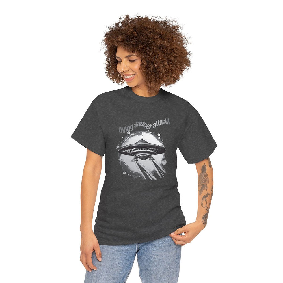 Thumbnail: Woman wearing a dark gray t-shirt with UFO graphic. Mod Mesh Unisex tshirt.