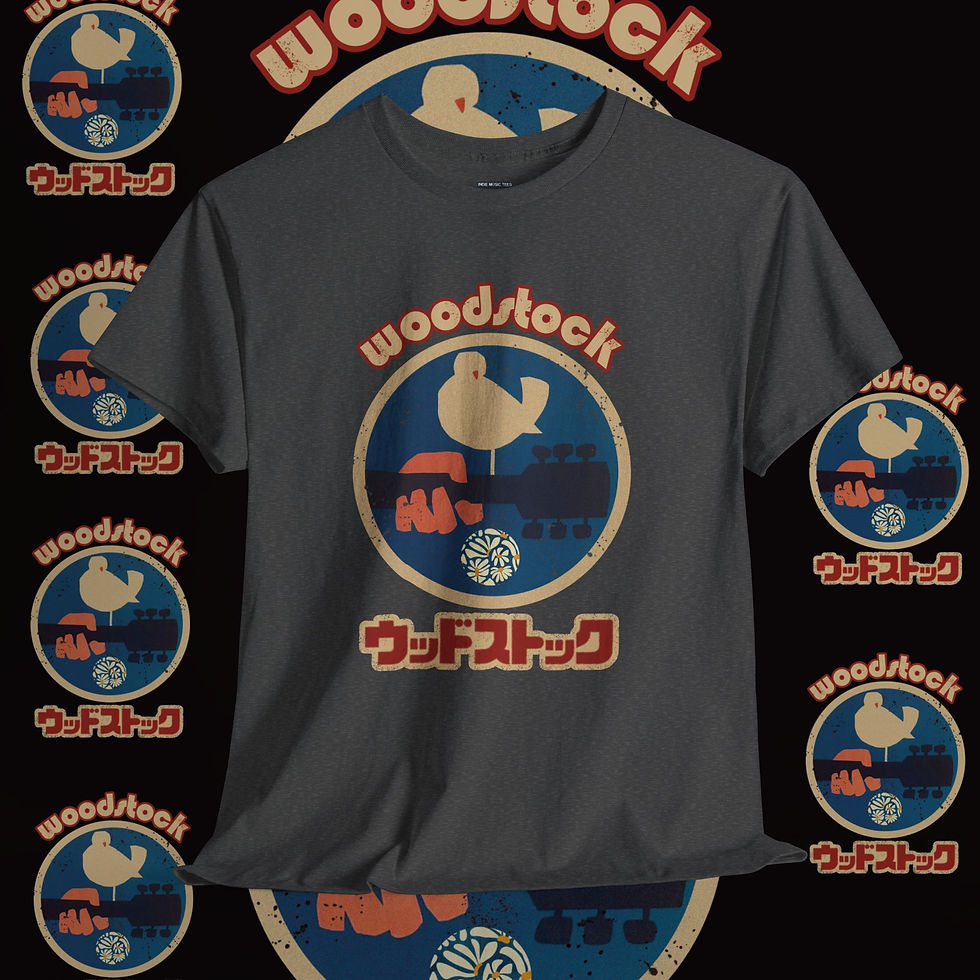 Thumbnail: Woodstock T-shirt with logo and Japanese text, indiemusictees. Never Trust A Nigel Unisex tshirt.