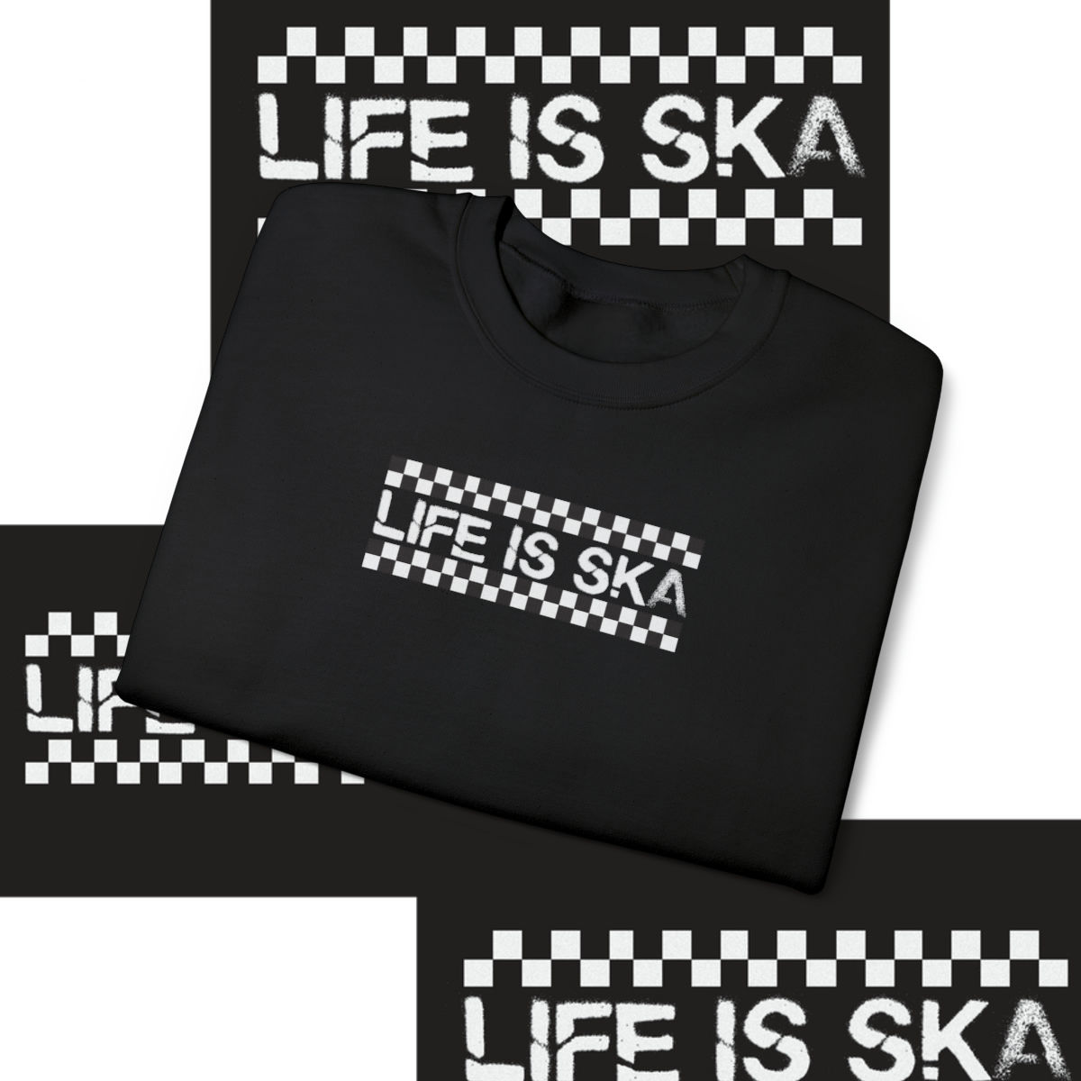 Black shirt with "LIFE IS SKA" text and checkerboard design indiemusictees.