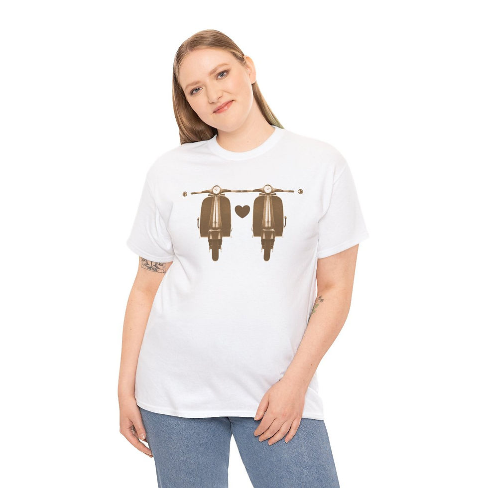 Thumbnail: Woman wearing white t-shirt with scooters illustration and text. Scooter Love Unisex tshirt indiemusictees.