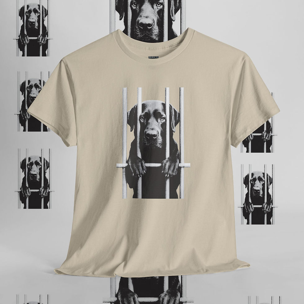 Thumbnail: Beige t-shirt with dog behind bars design, indiemusictees apparel.