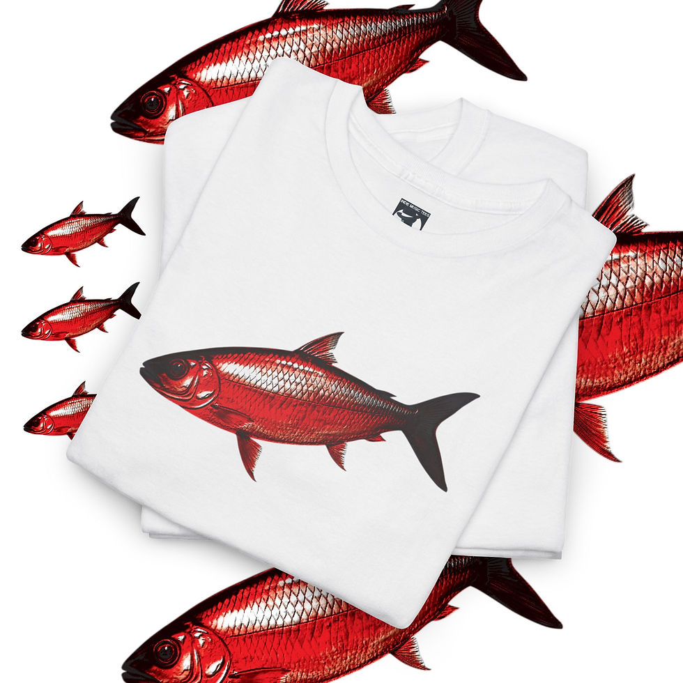 White t-shirt with red fish graphic and background. 1976 Unisex Premium Long Sleeved tshirt.