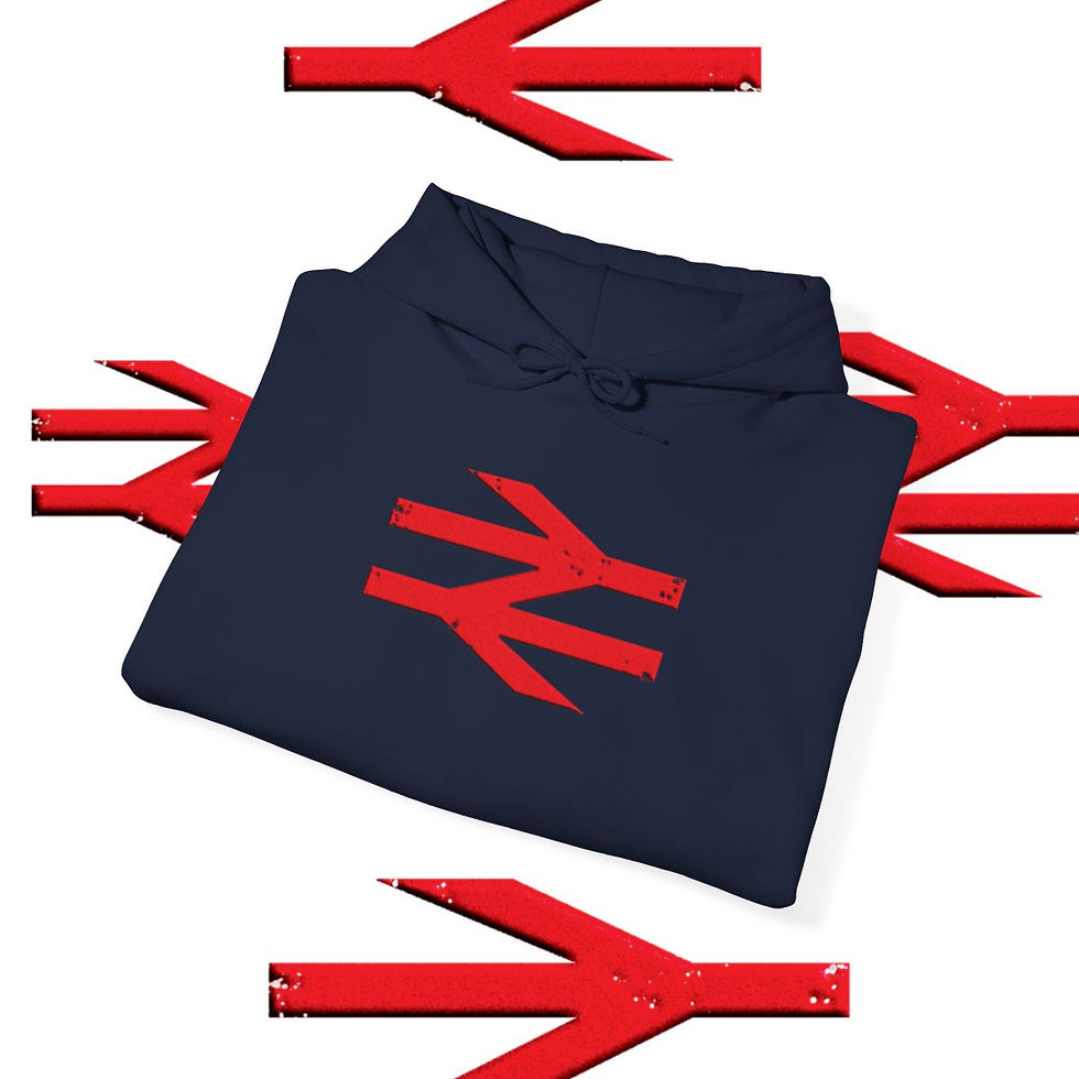 Thumbnail: Navy blue sweatshirt with red British Rail logo and arrows, the north yorkshire tshirt