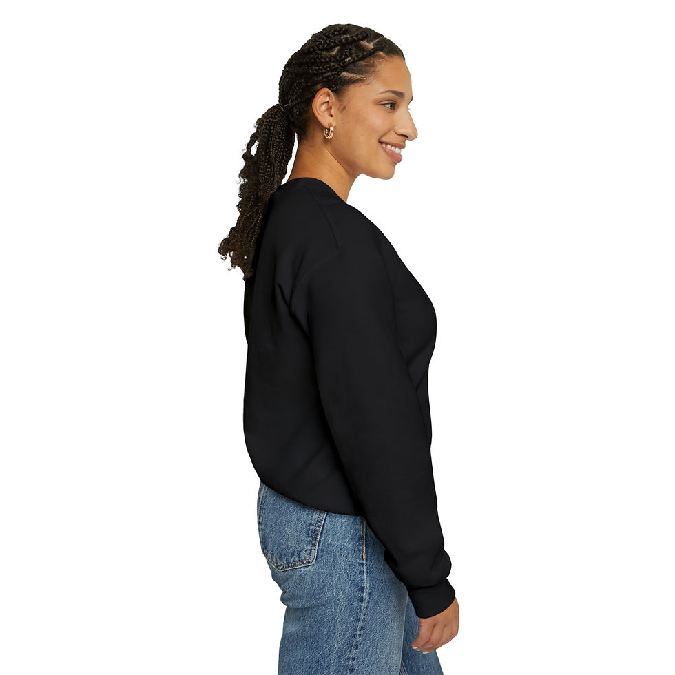 Thumbnail: Woman wearing black sweatshirt, side view, smiling, against a white background.