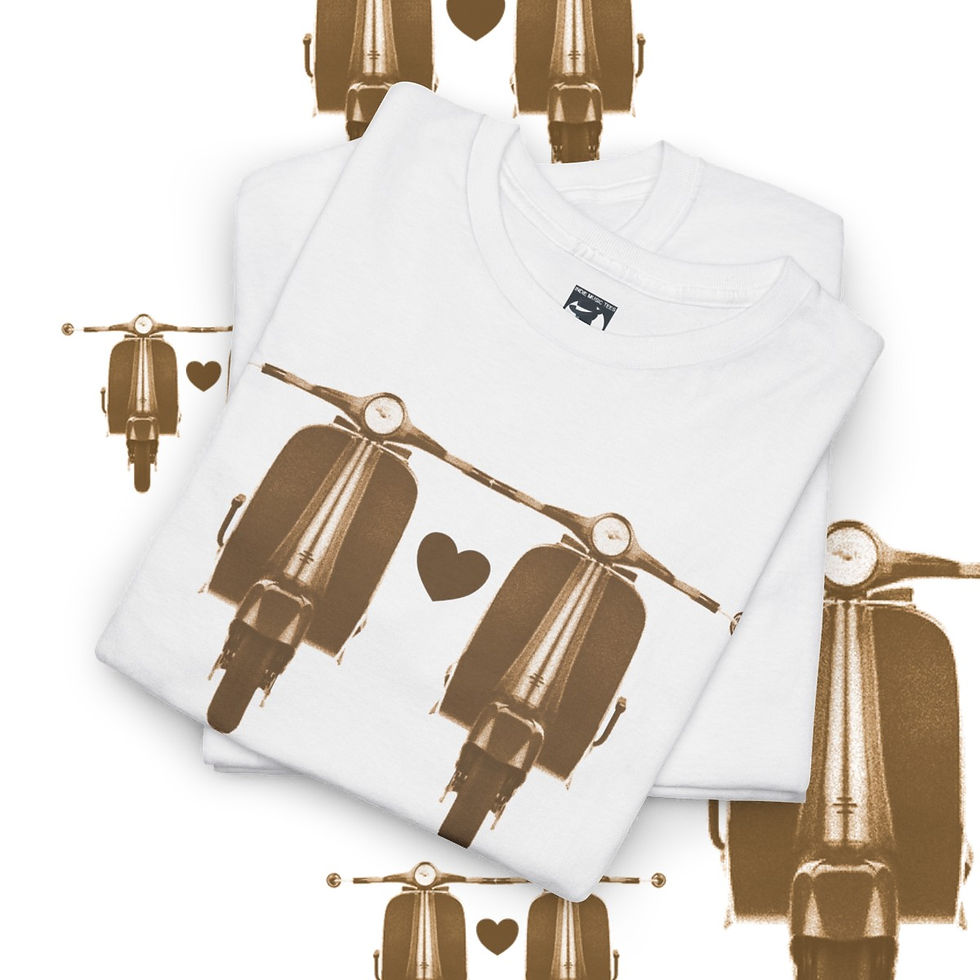 Thumbnail: White t-shirt with brown scooters and hearts, Scooter Love Unisex tshirt, mod scooter tshirt, indiemusictees.