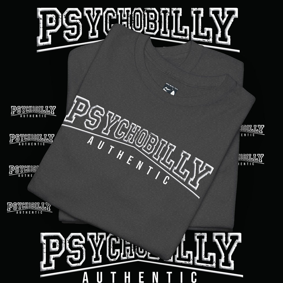 Thumbnail: Folded Psychobilly Authentic gray t-shirt indiemusictees on a dark background.