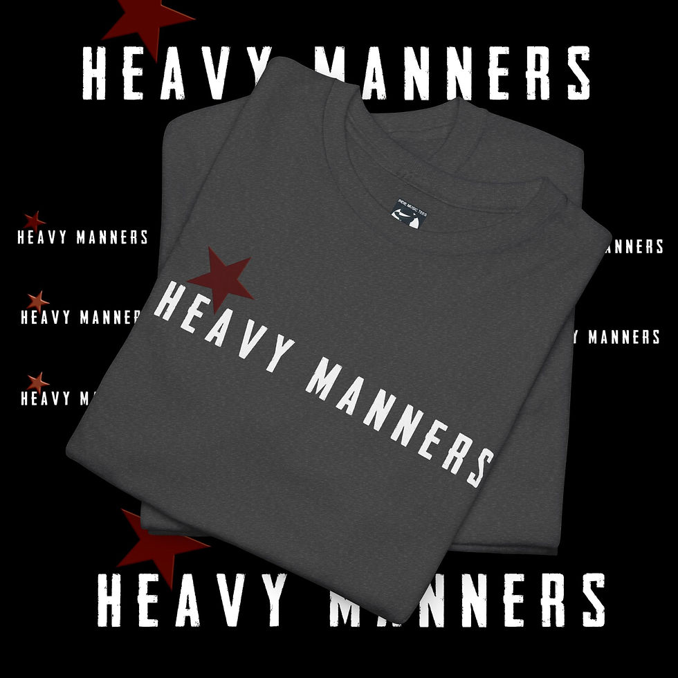 Thumbnail: Folded gray Heavy Manners shirt with white text and a red star Lee J Unisex tshirt.