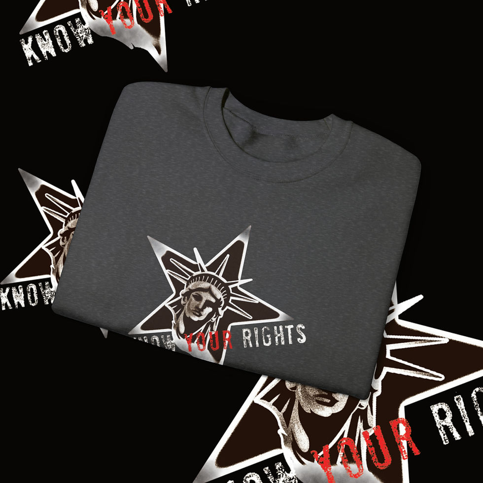 Thumbnail: Gray t-shirt with a star design and text KNOW YOUR RIGHTS indiemusictees