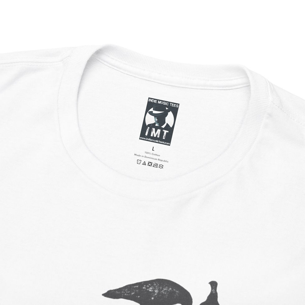 Thumbnail: Close up of a white t-shirt with IMT logo and text. headphones tshirt indiemusictees