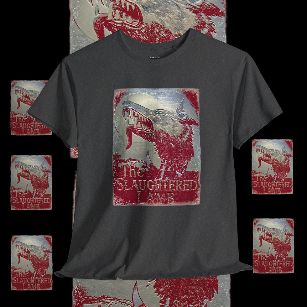Thumbnail: Gray t-shirt with red graphic: The Slaughtered Lamb. Lee J Unisex tshirt indiemusictees