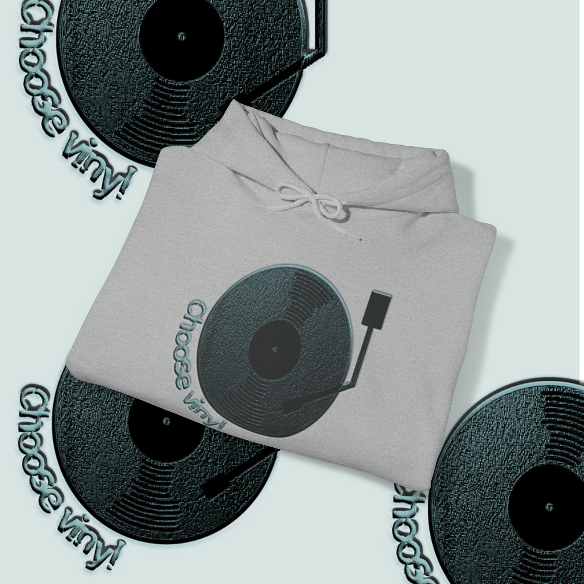 Grey hoodie with vinyl record graphic, 