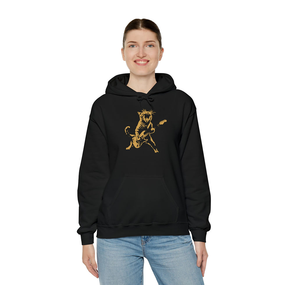 Thumbnail: Woman in black hoodie with guitar cat graphic indiemusictees. Ahoy! Ahoy! Unisex tshirt.