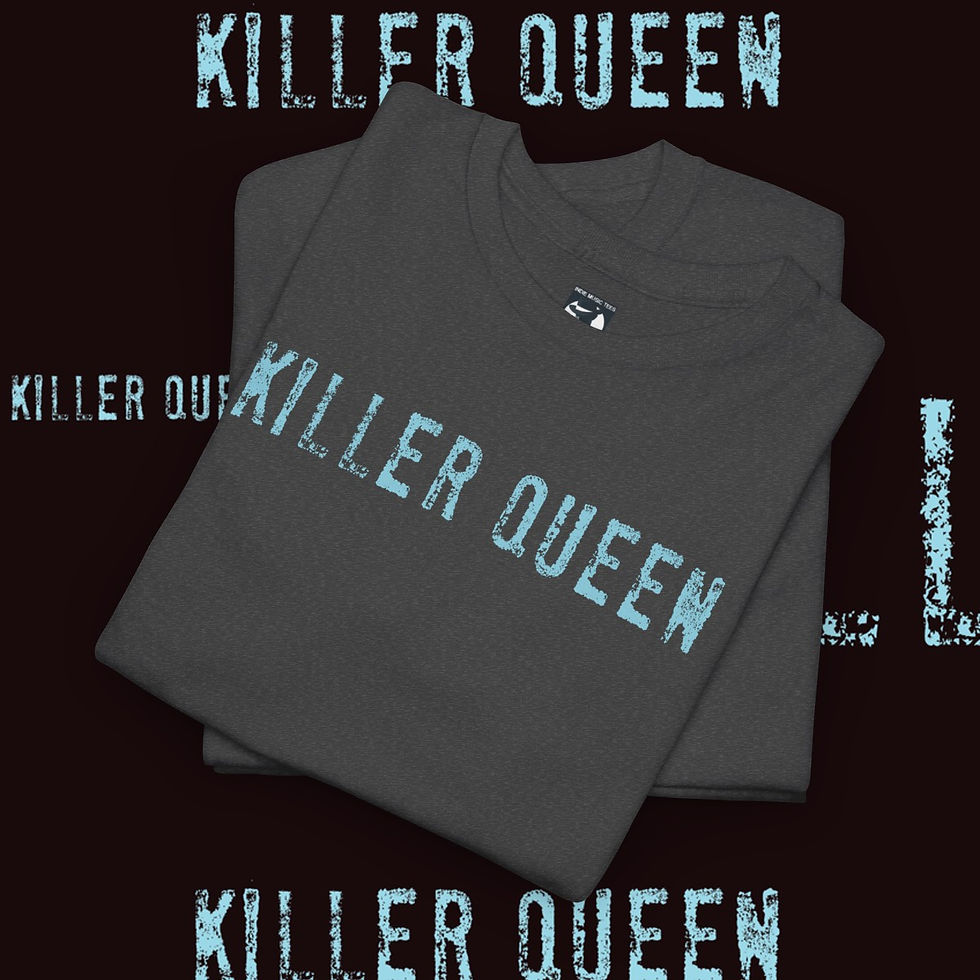 Thumbnail: Killer Queen text on grey t-shirt, indiemusictees. 