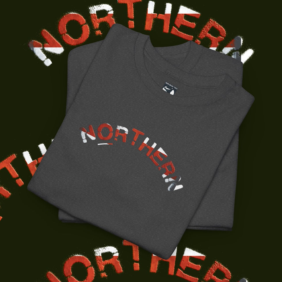 Thumbnail: Dark gray t-shirt with the word 'NORTHERN' arching across it. indiemusictees