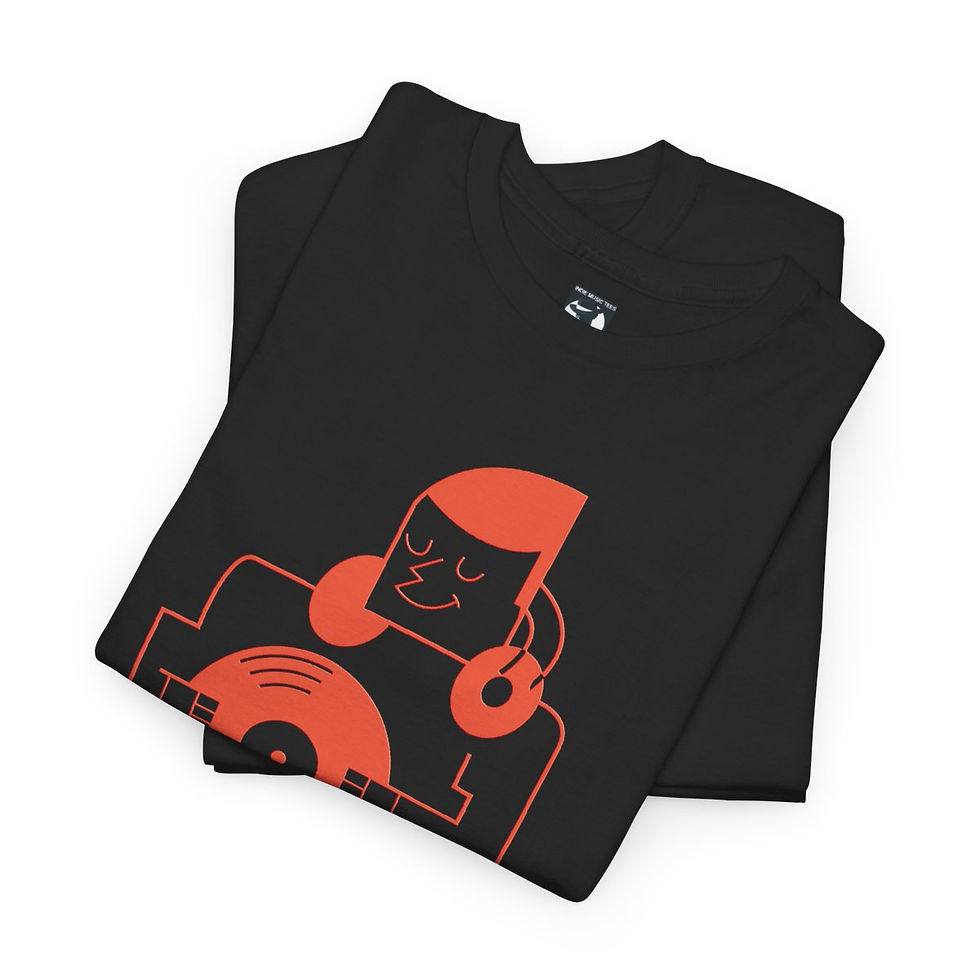 Thumbnail: Black t-shirt with orange music design, indiemusictees, fancy things mean nothing tshirt.