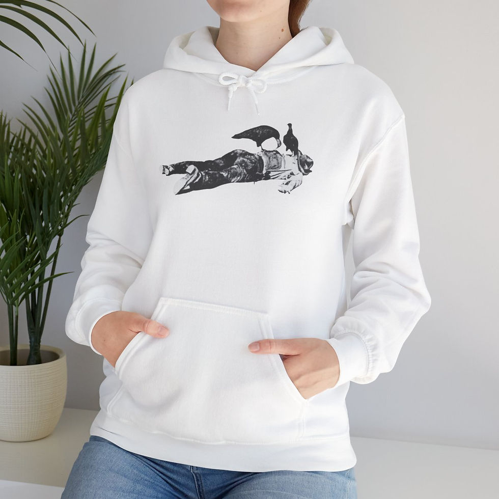 Thumbnail: Woman wearing white hoodie with drawing of a dog. headphones tshirt indiemusictees