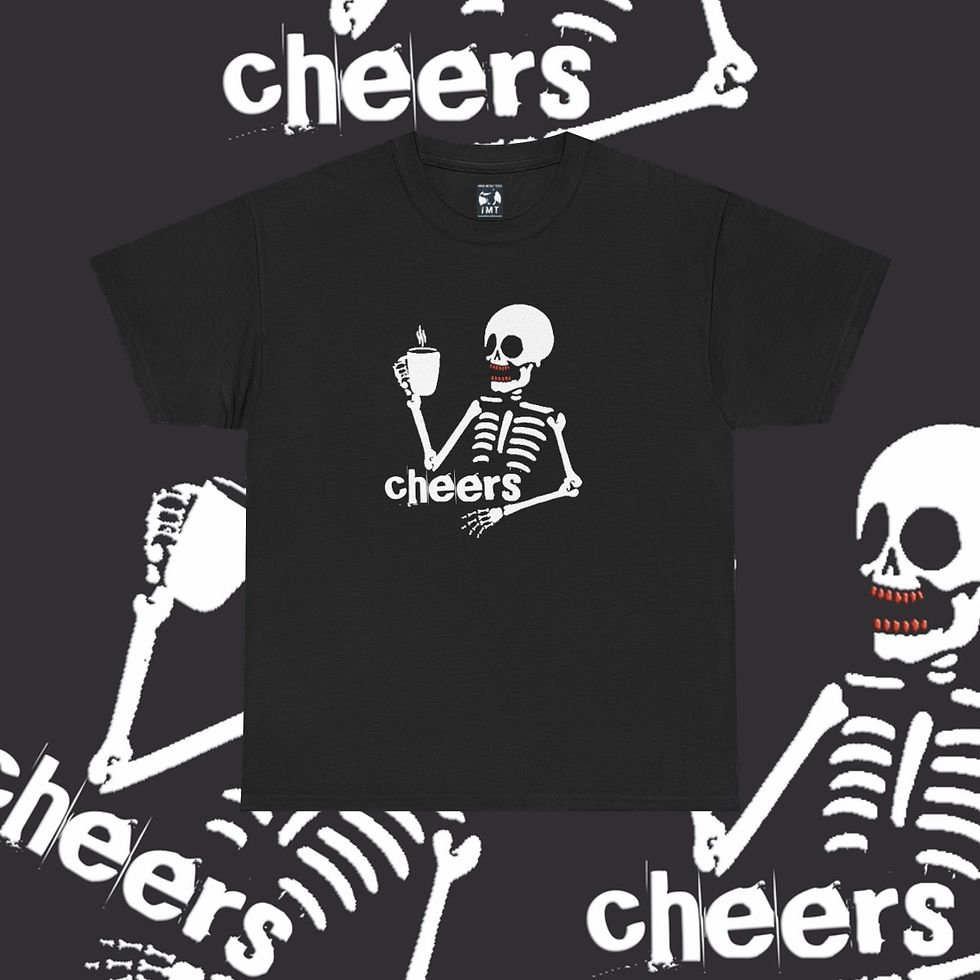 Thumbnail: Black shirt with skeleton and cheers text. Cameras Never Lie Unisex tshirt. indiemusictees