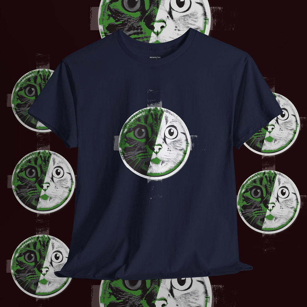 Thumbnail: Navy t-shirt with a cat face design, Lee J Unisex tshirt, indiemusictees.