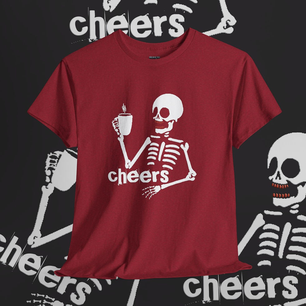 Thumbnail: Red shirt with skeleton holding coffee cheers Cameras Never Lie Unisex tshirt indiemusictees