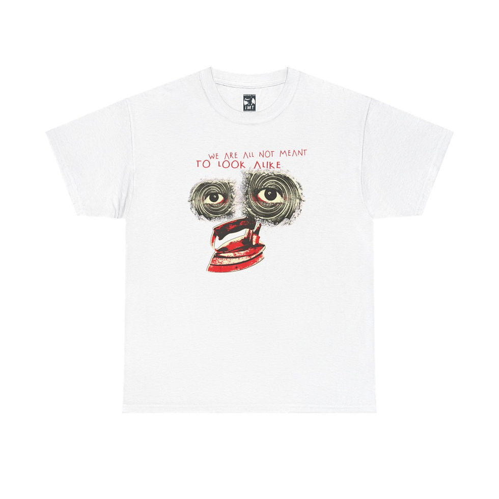 Thumbnail: White t-shirt with graphic eyes and lips. 
