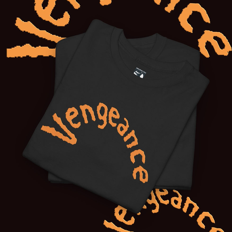 Thumbnail: Black 'vengeance' t-shirt with orange text and indiemusictees logo design.