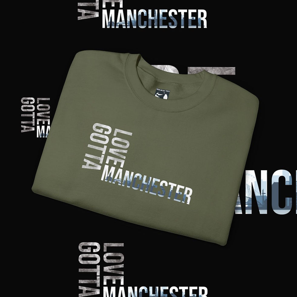 Thumbnail: Green t-shirt with text Love Gotta Manchester, Mod Mesh Unisex tshirt, indiemusictees.