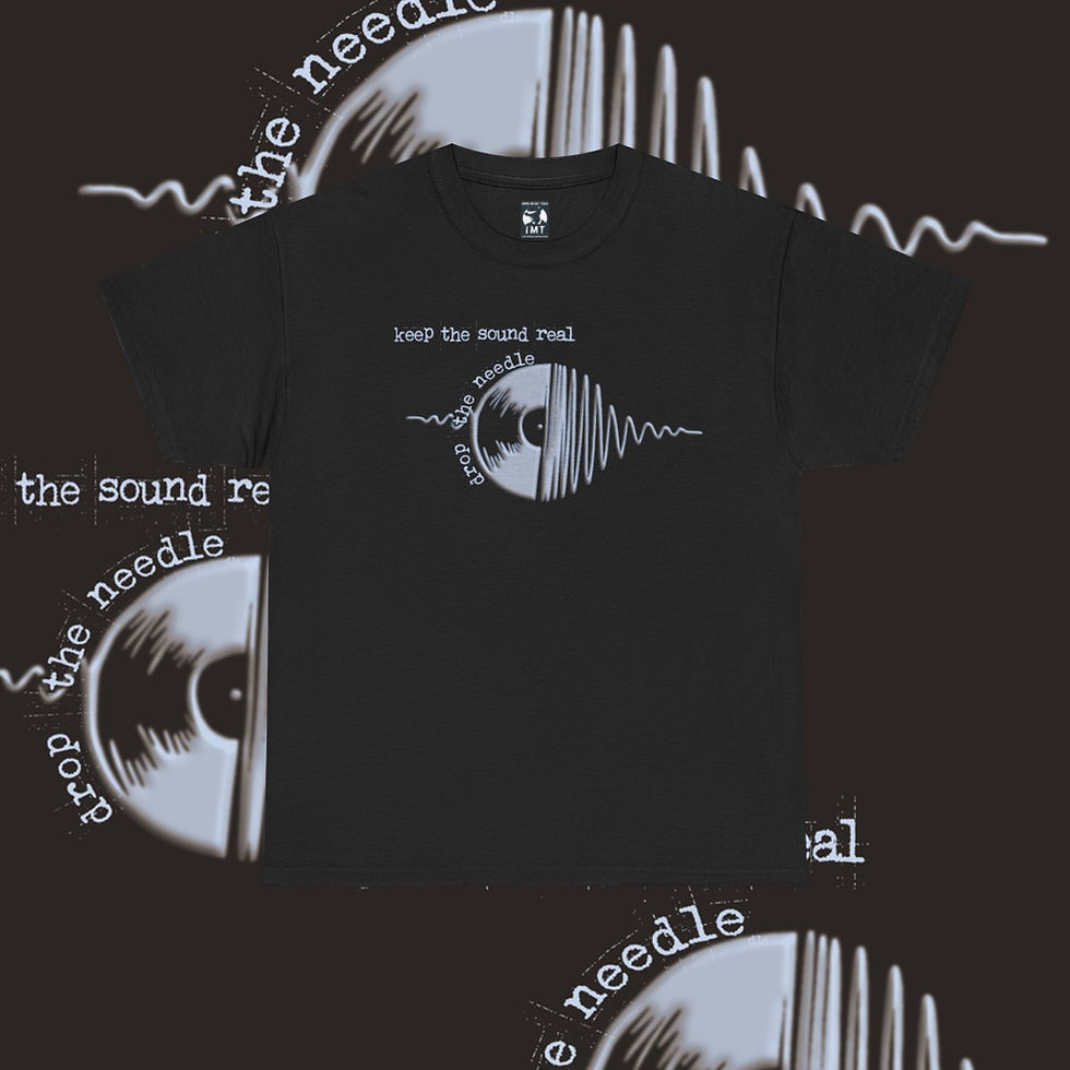 Thumbnail: Black shirt with "Just the music need" text and design on it. indiemusictees blog tshirt