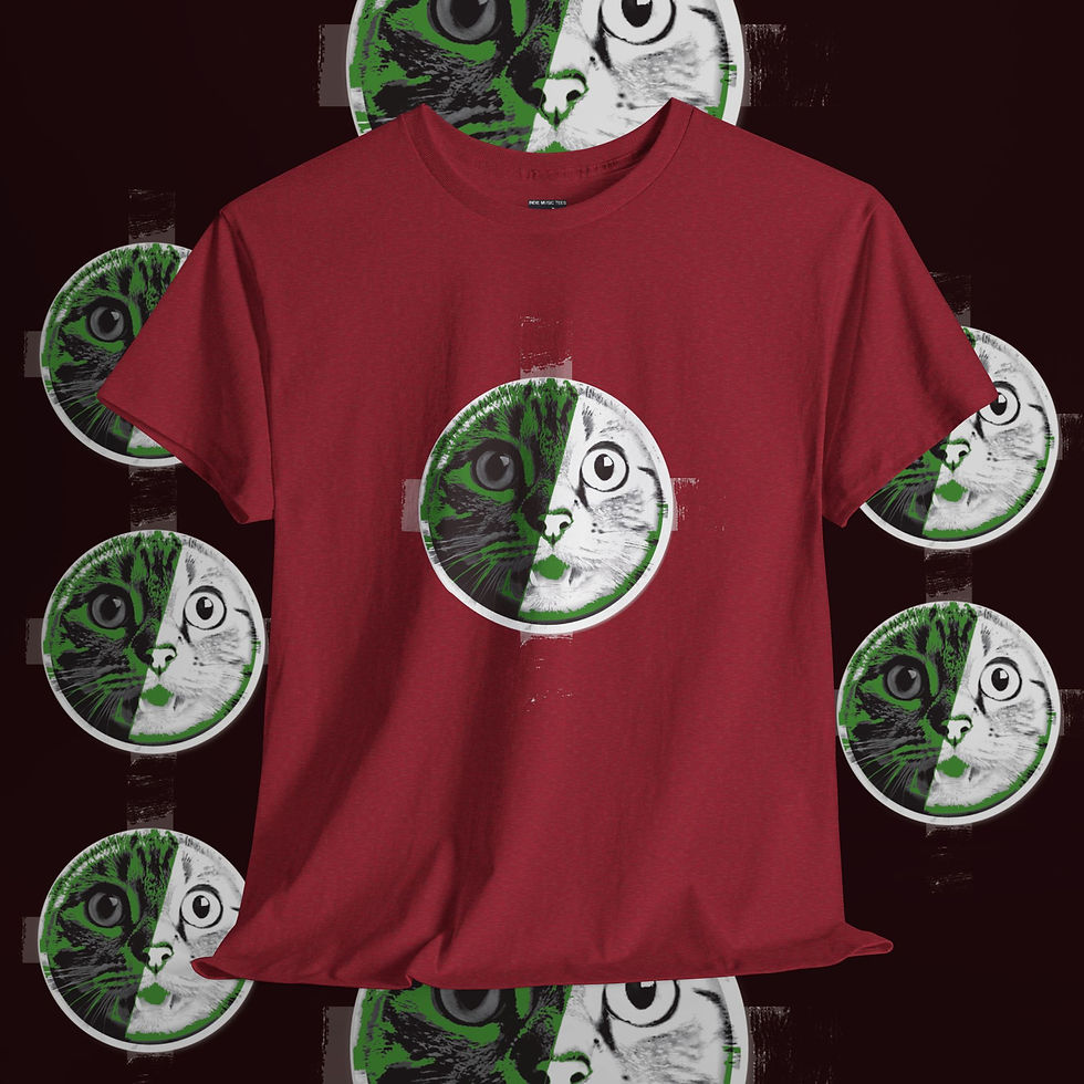 Thumbnail: Red shirt with cat design and multiple green circles. Lee J Unisex tshirt indiemusictees