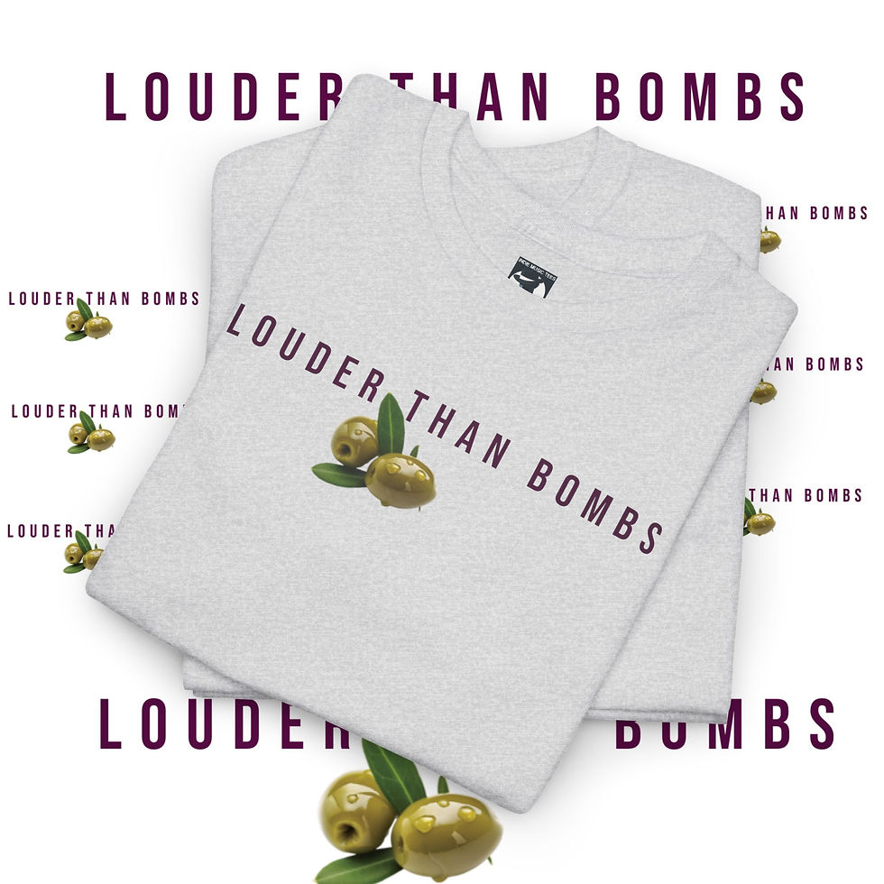White t-shirts with "LOUDER THAN BOMBS" text and olive design, indiemusictees.