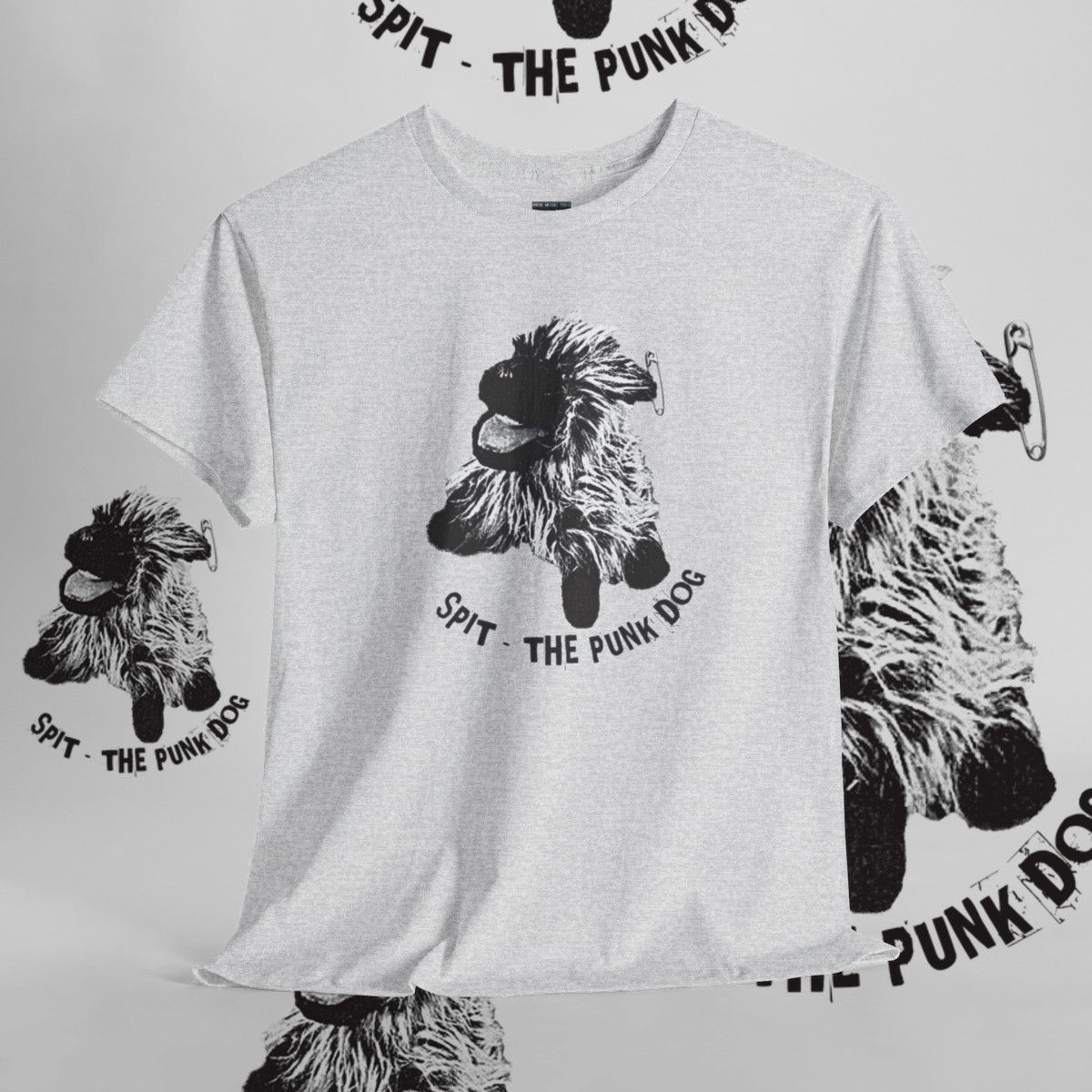 White t-shirt "SPIT - THE PUNK DOG" graphic design indiemusictees apparel.