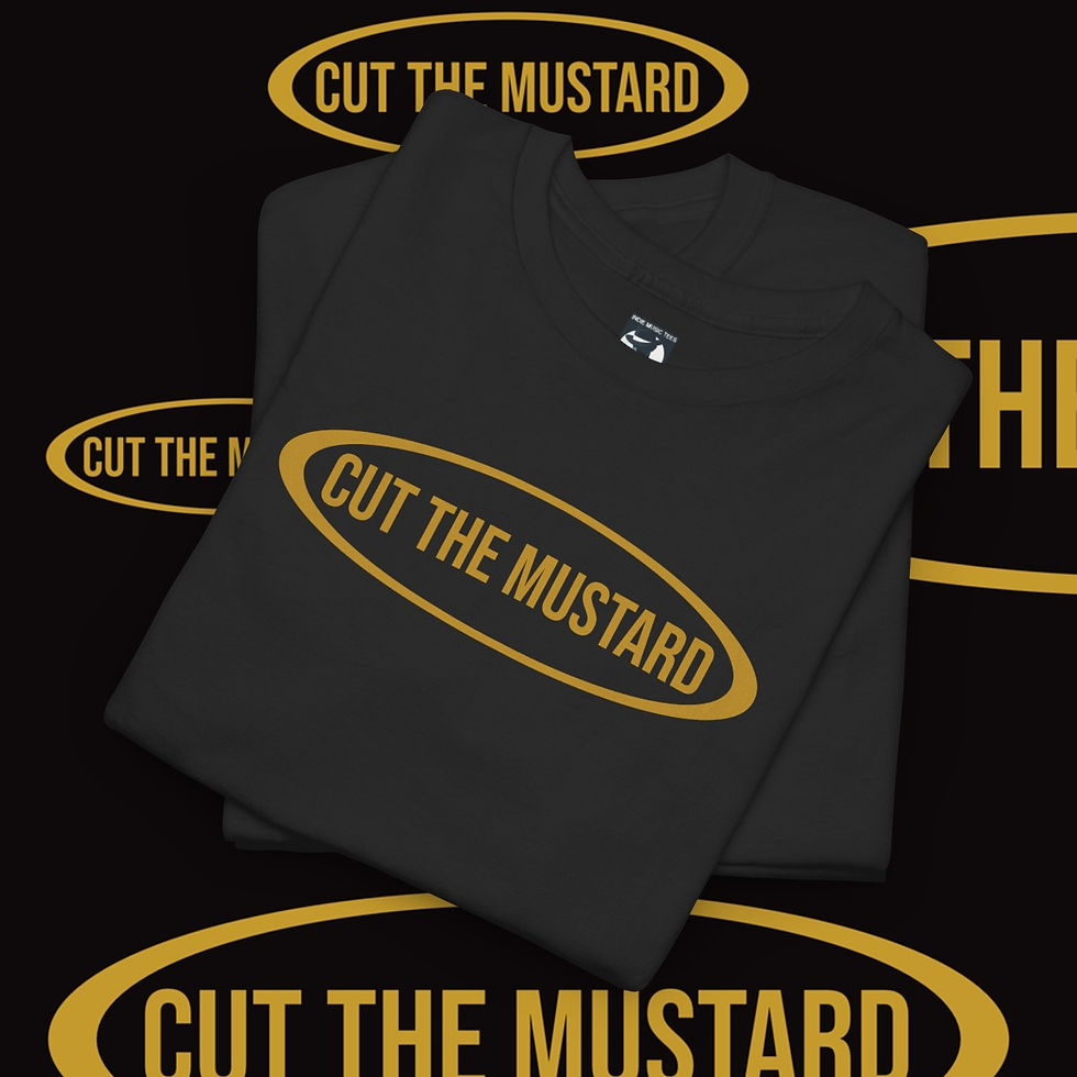 Thumbnail: Black t-shirt with "CUT THE MUSTARD" text design, indiemusictees apparel.