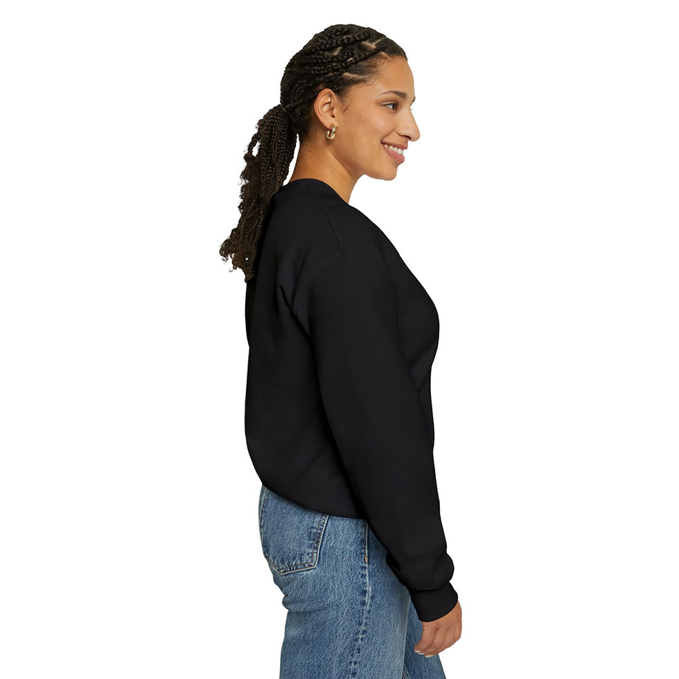 Thumbnail: Woman in black Never Give Up Unisex tshirt, side profile, smiling. Indiemusictees.