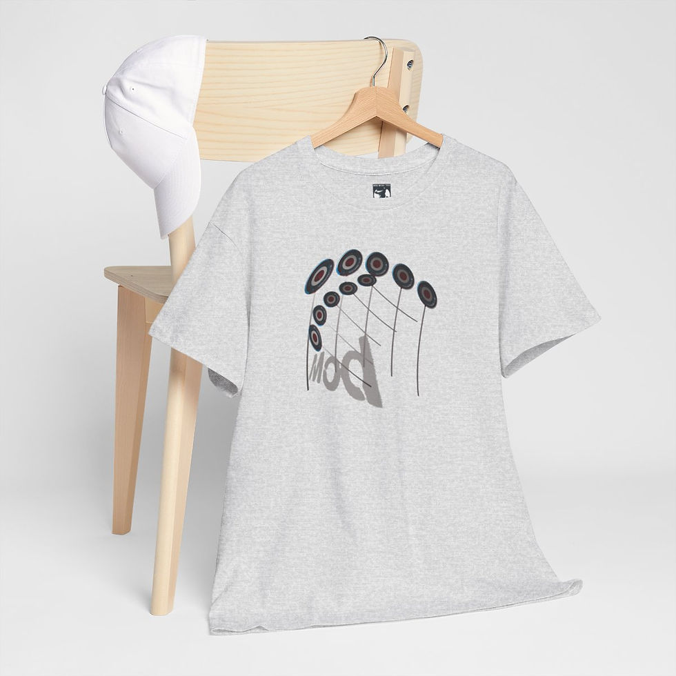 Thumbnail: Light gray Mod Mesh Unisex tshirt with mod music graphic on wooden hanger.