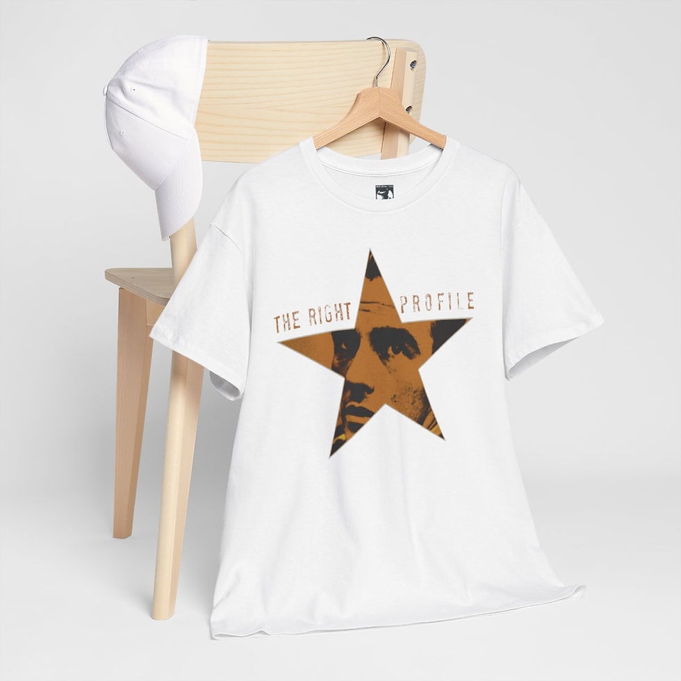 Thumbnail: White t-shirt with brown star graphic and text, on a chair, indiemusictees.
