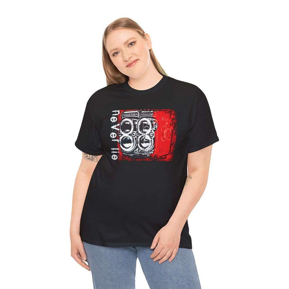 Thumbnail: Woman wearing black Cameras Never Lie Unisex tshirt with graphic design indiemusictees.