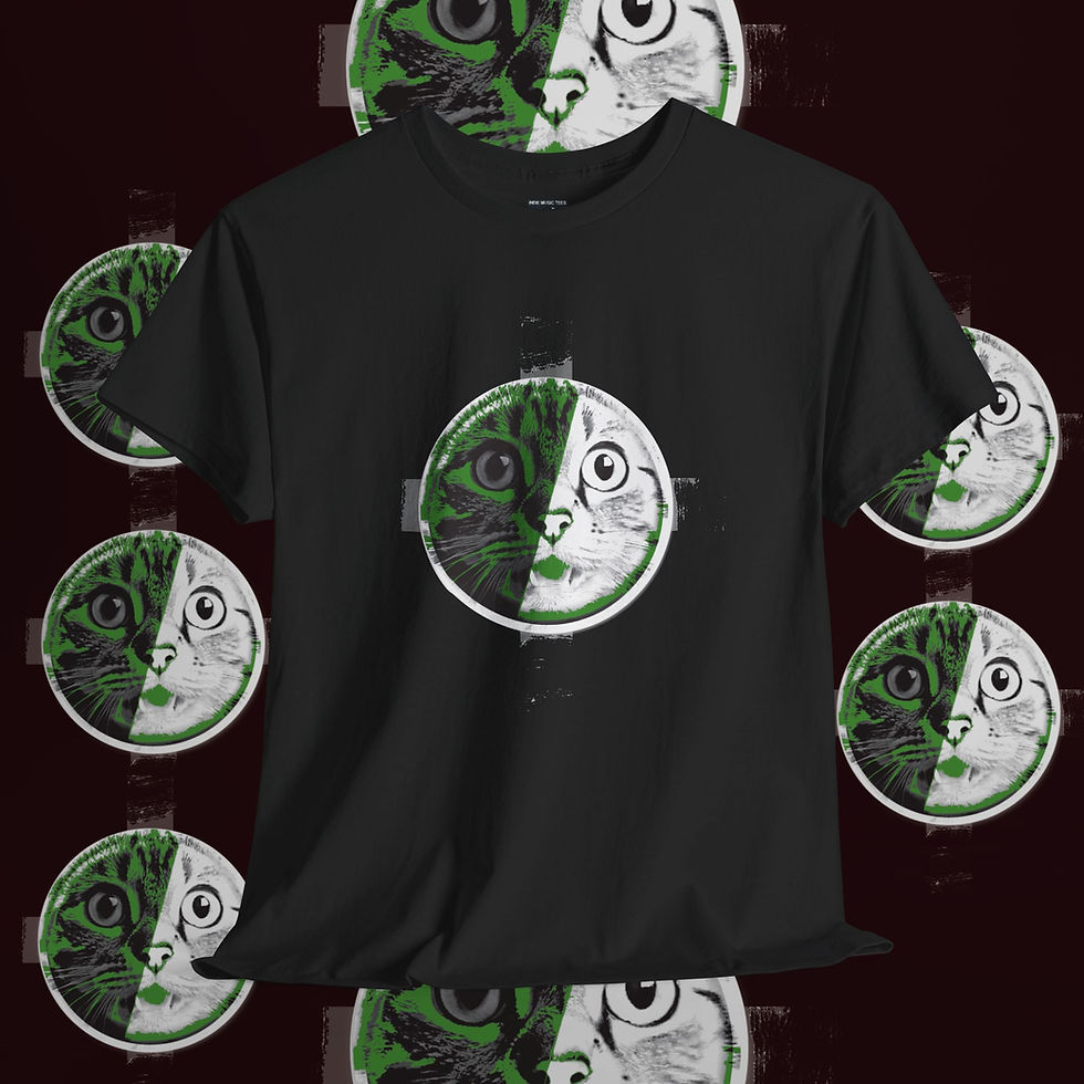 Thumbnail: Black T-shirt with cat face design and multiple cat faces indiemusictees.