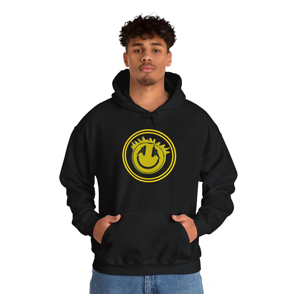 Thumbnail: Man wearing black hoodie with yellow design; Hooligan Unisex tshirt indiemusictees.