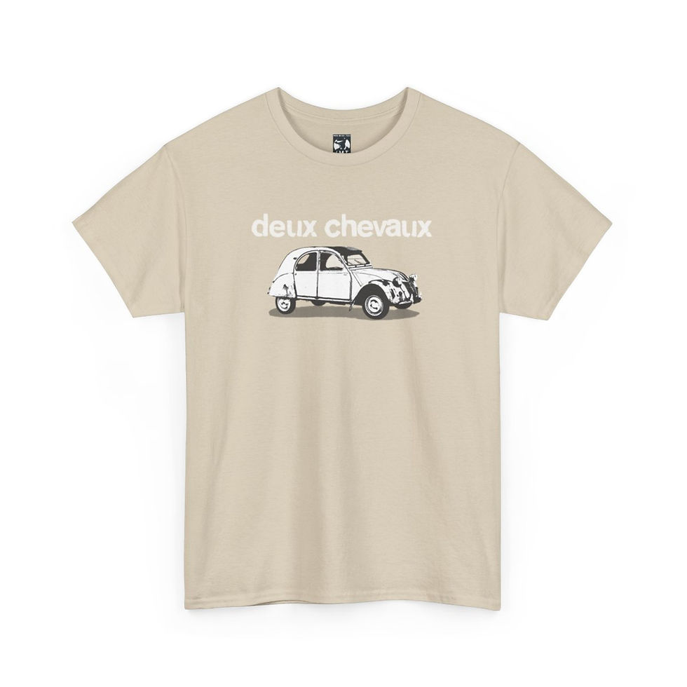 Thumbnail: Beige t-shirt featuring deux chevaux design with a car illustration; indiemusictees.