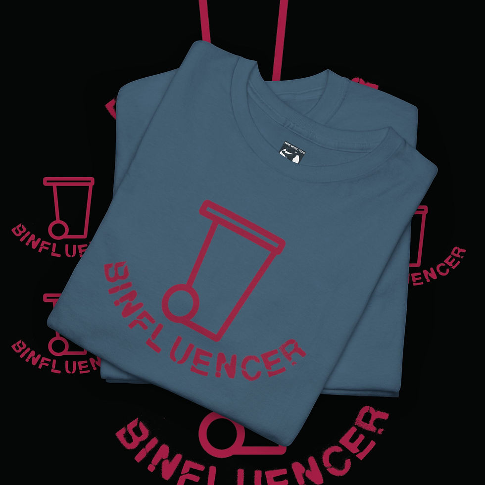 Thumbnail: Blue Binfluencer t-shirt design with a red trash can logo, indiemusictees.