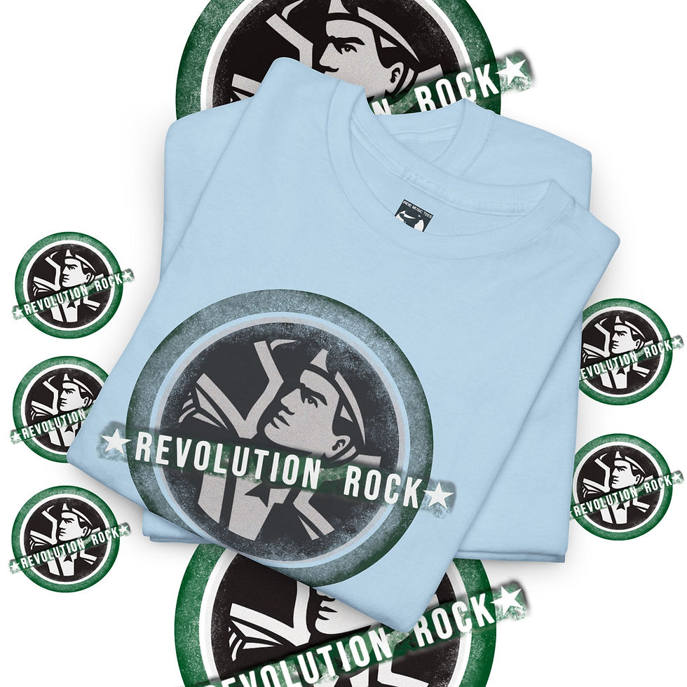 Thumbnail: Light blue t-shirt with Revolution Rock logo and surrounding circular designs indiemusictees