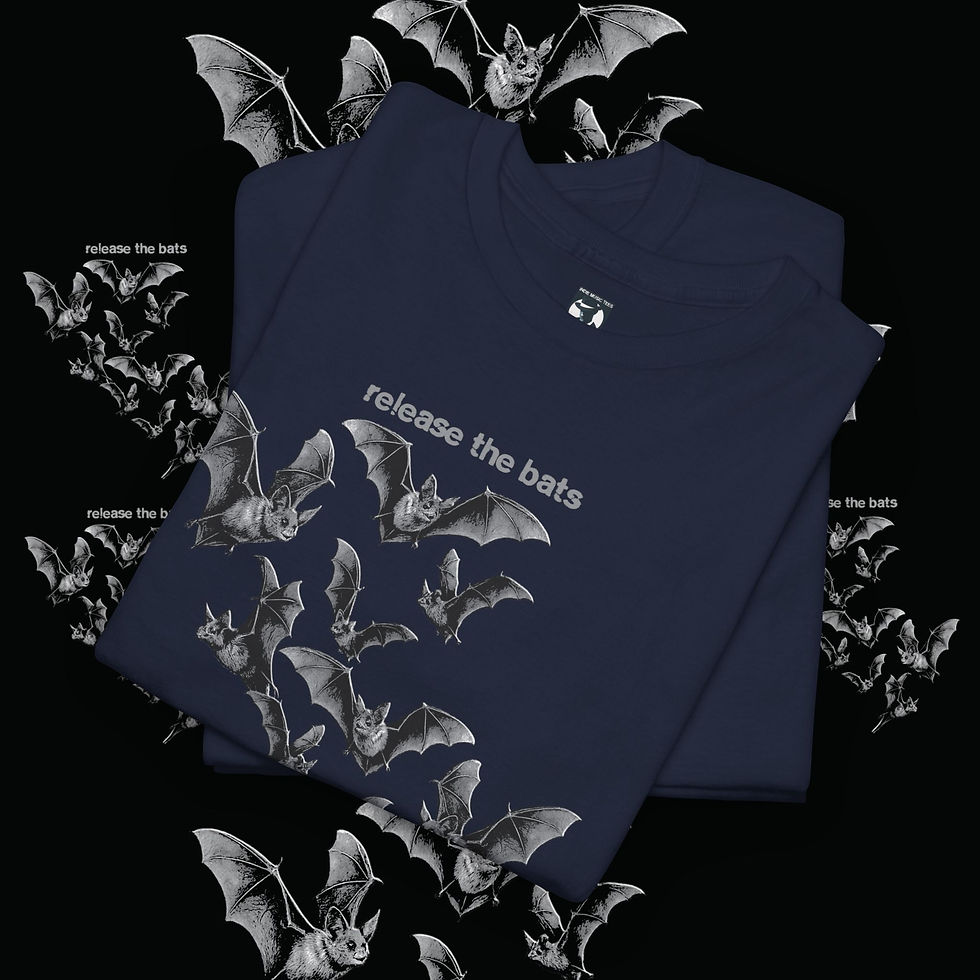 Thumbnail: Navy blue t-shirt with "release the bats" text and bat graphics, indiemusictees.