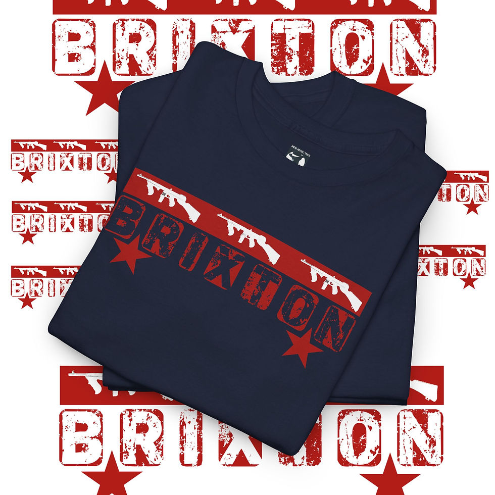 Thumbnail: Navy Brixton t-shirt with red text and stars indiemusictees. Lee J Unisex tshirt