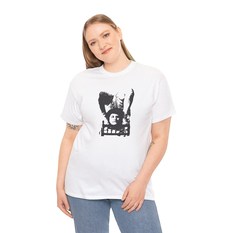 Thumbnail: Woman wearing white shirt with band artwork and the word 