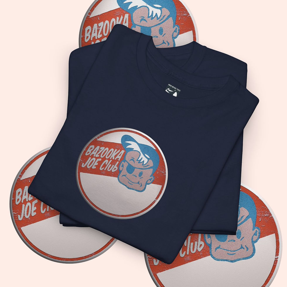 Thumbnail: Navy blue t-shirt with Bazooka Joe graphic and buttons, awkward date tshirt indiemusictees