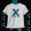 Thumbnail: White t-shirt with teal X and words, A Porky Prime Cut tshirt. indiemusictees