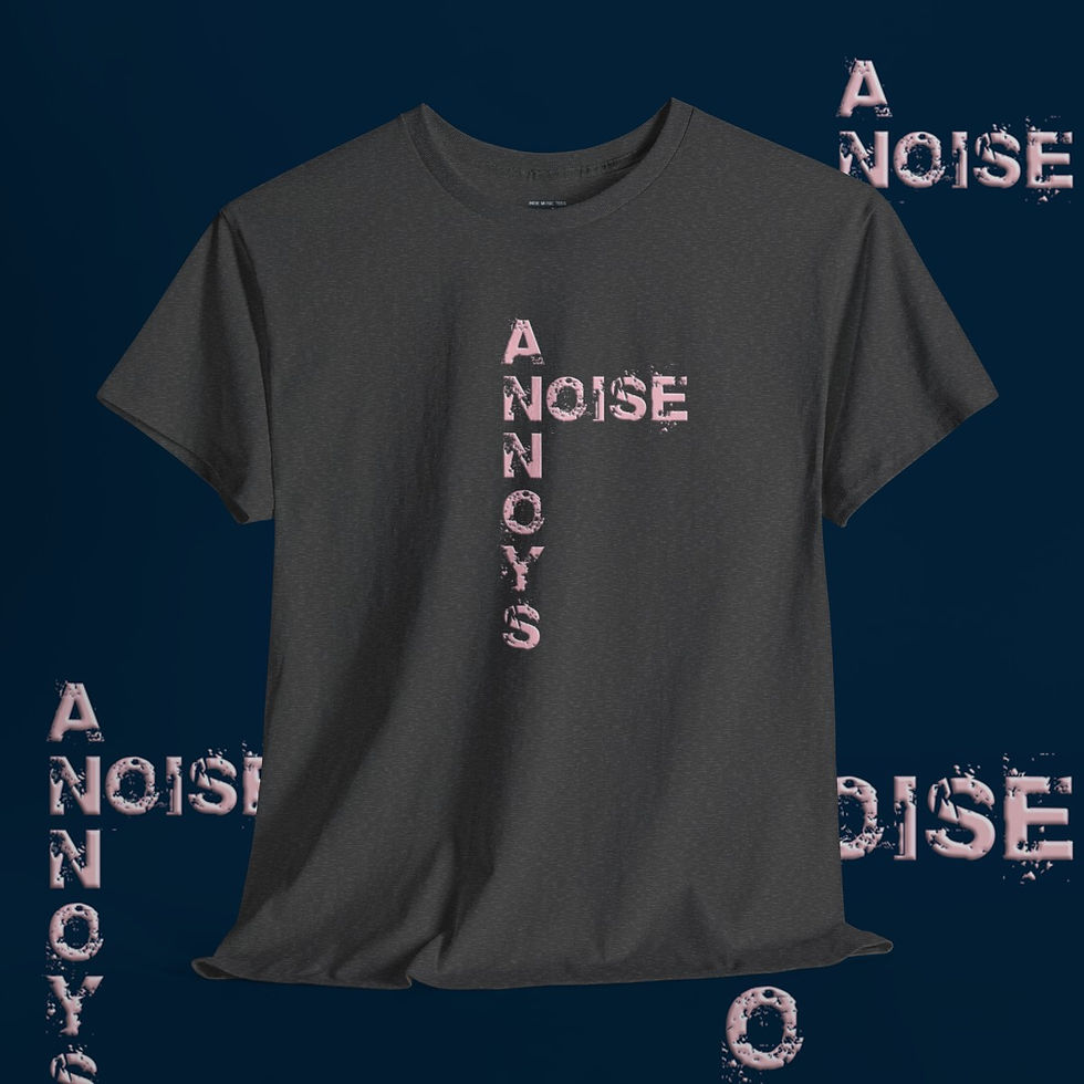 Thumbnail: Black t-shirt with A NOISE ANNOYS text, indiemusictees apparel design.