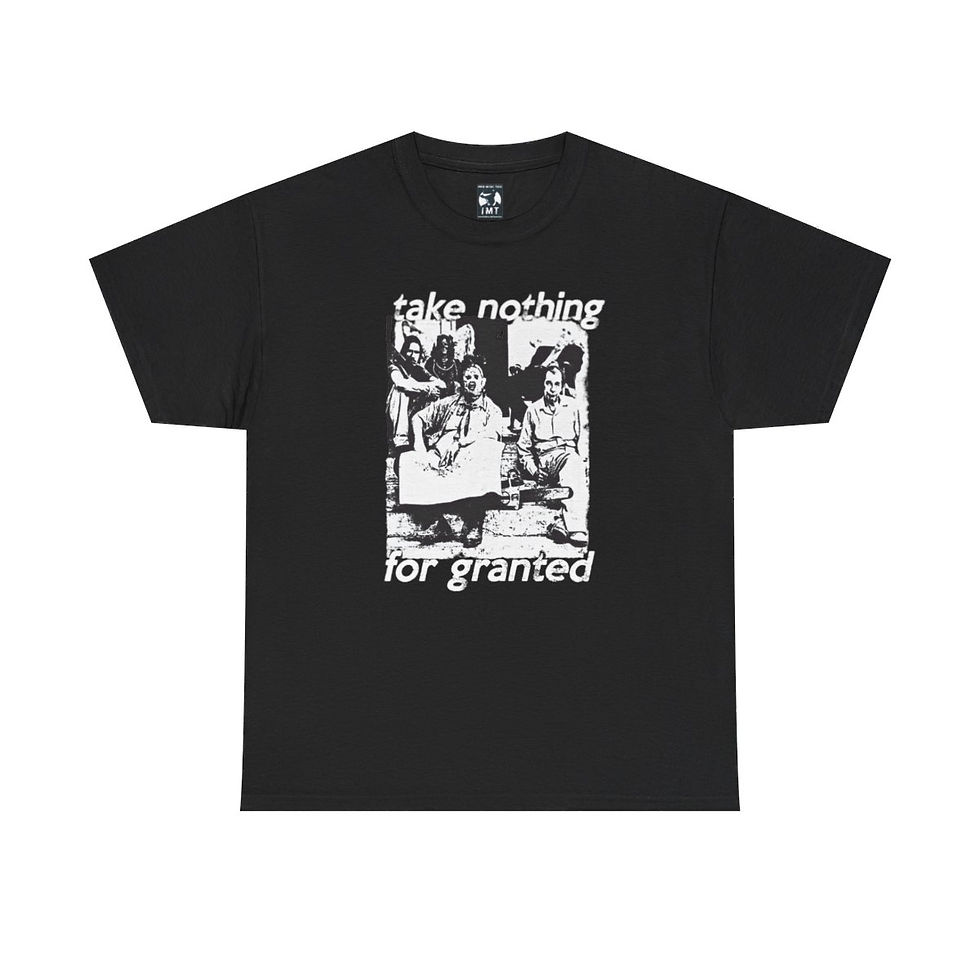 Thumbnail: Black t-shirt featuring "take nothing for granted" artwork, indiemusictees apparel.