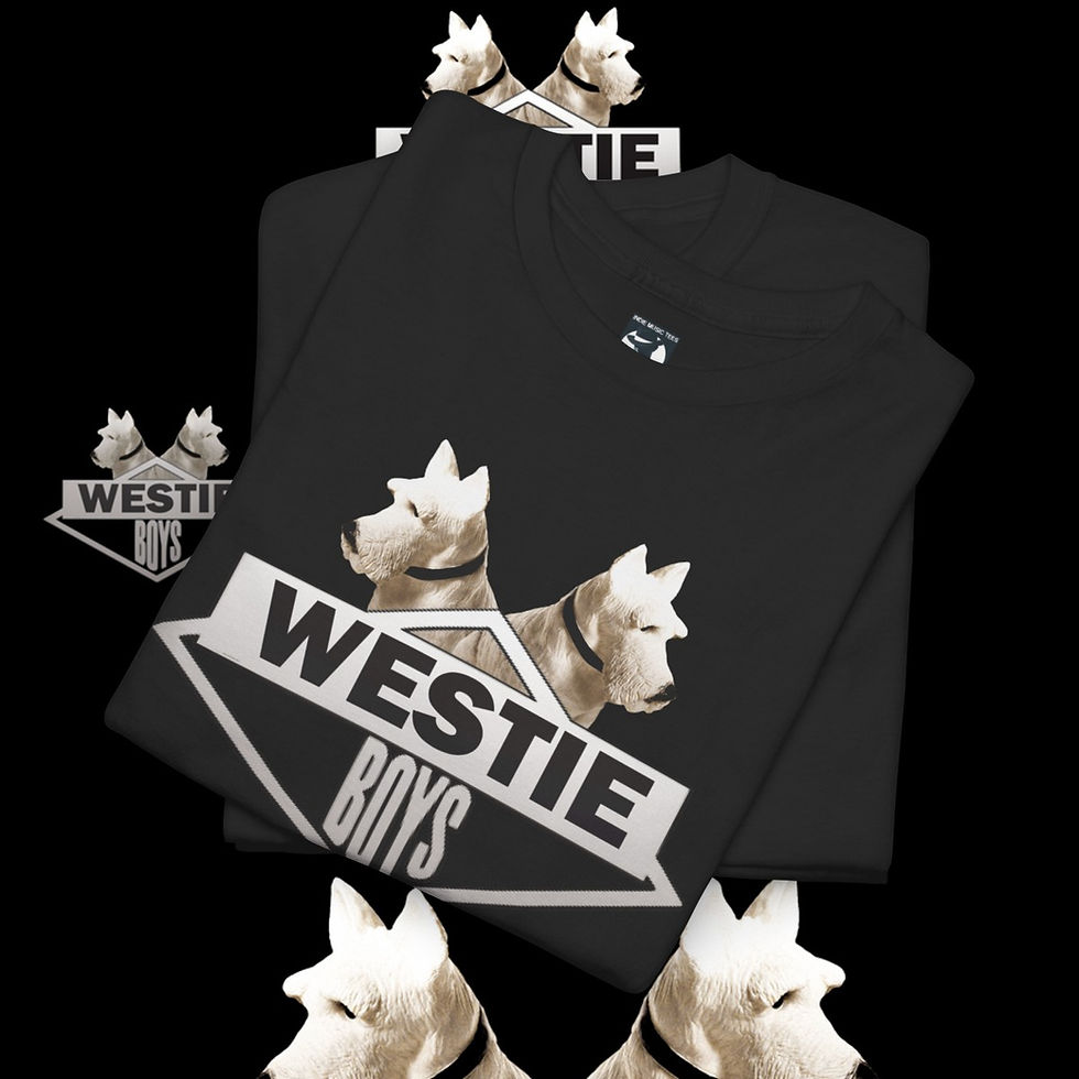 Thumbnail: Westie Boys logo on black tshirt, featuring dog heads. indiemusictees